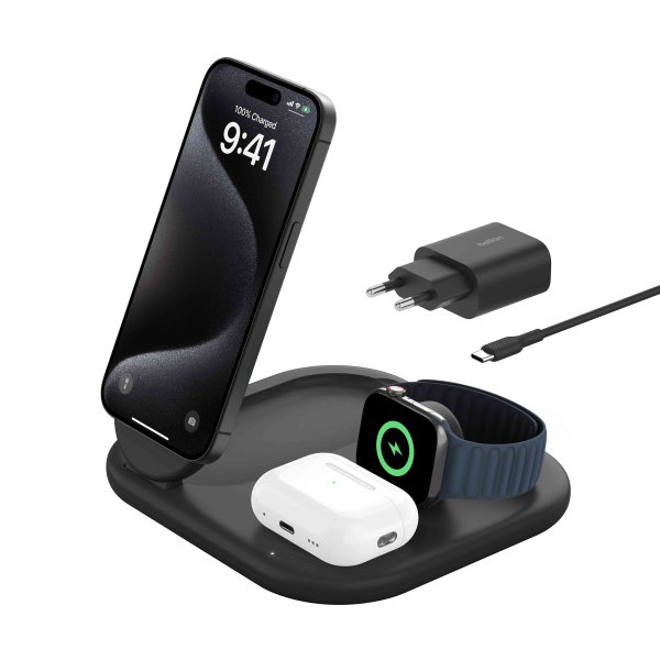 Belkin Wireless QI2 Charger (3-in-1), 15W, magnetisch, einklappbar, Schwarz