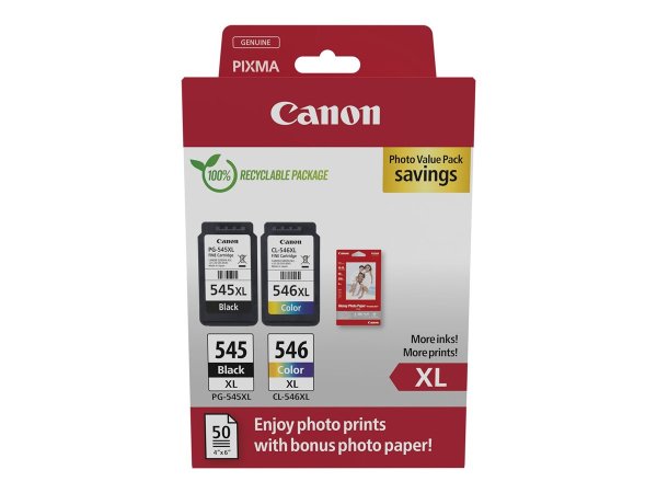 Canon PG-545XL/CL-546XL, Tintenpatronen + Fotopapier für Canon PIXMA TR4551, TR4650, TR4651, TS3350,